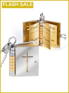 Stainless Steel Book Locket Cross Pendant Necklace Bible Verse